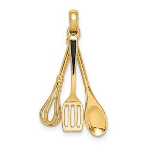 14k Yellow Gold 3-D Spatula Wooden Spoon Whisk Cooking Themed Necklace Charm